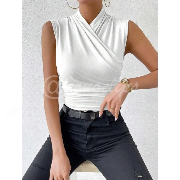 Ruched White Overlapping Sleeveless Shirt Top Stretchy - Picture 4 of 7